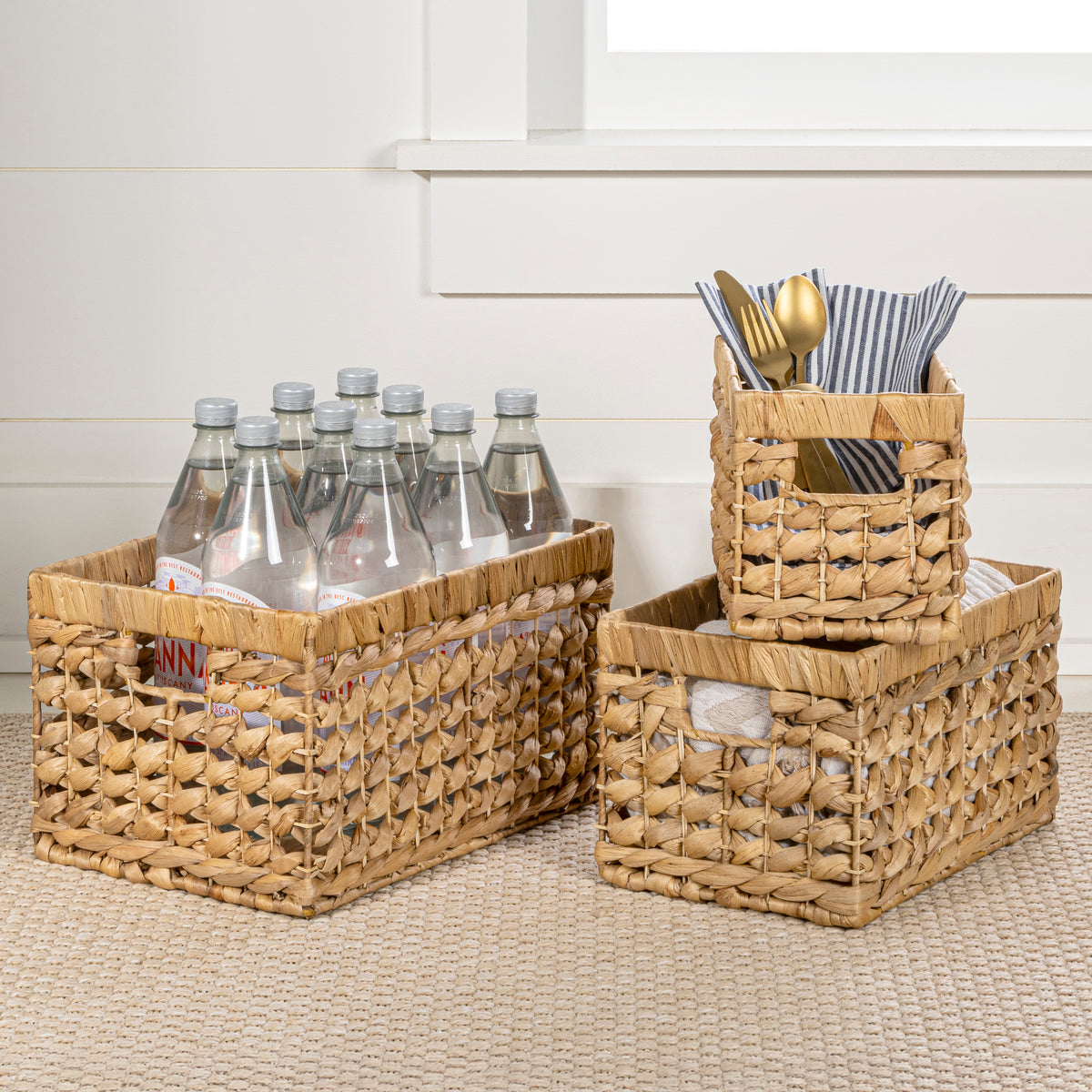 Sterling Bohemian Cottage Handwoven Hyacinth Rectangular Nesting Baskets with Handles