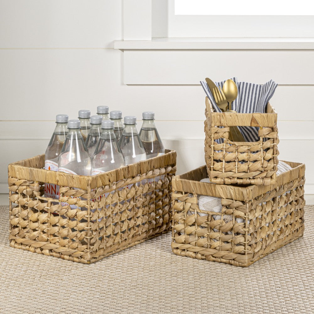Sterling Bohemian Cottage Handwoven Hyacinth Rectangular Nesting Baskets with Handles