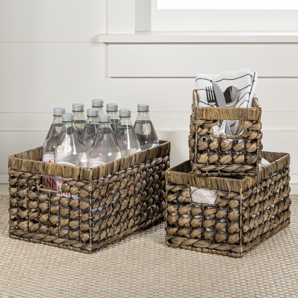 Sterling Bohemian Cottage Handwoven Hyacinth Rectangular Nesting Baskets with Handles