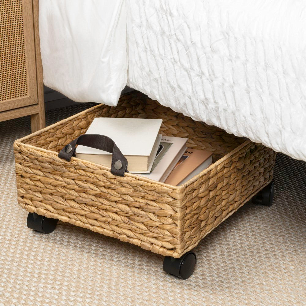 Adaline 18.11" Classic Farmhouse Handwoven Hyacinth Rectangular Underbed Storage Bin with Wheels and Handles
