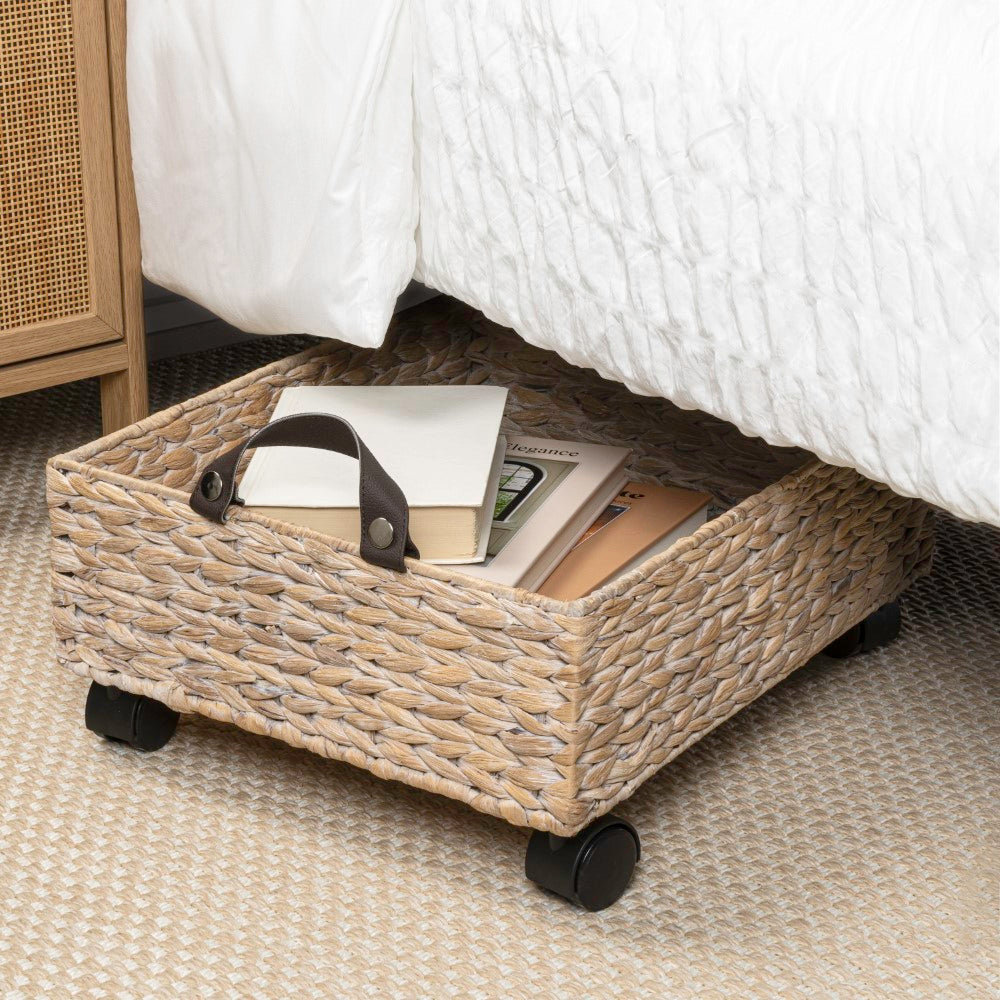 Adaline 18.11" Classic Farmhouse Handwoven Hyacinth Rectangular Underbed Storage Bin with Wheels and Handles
