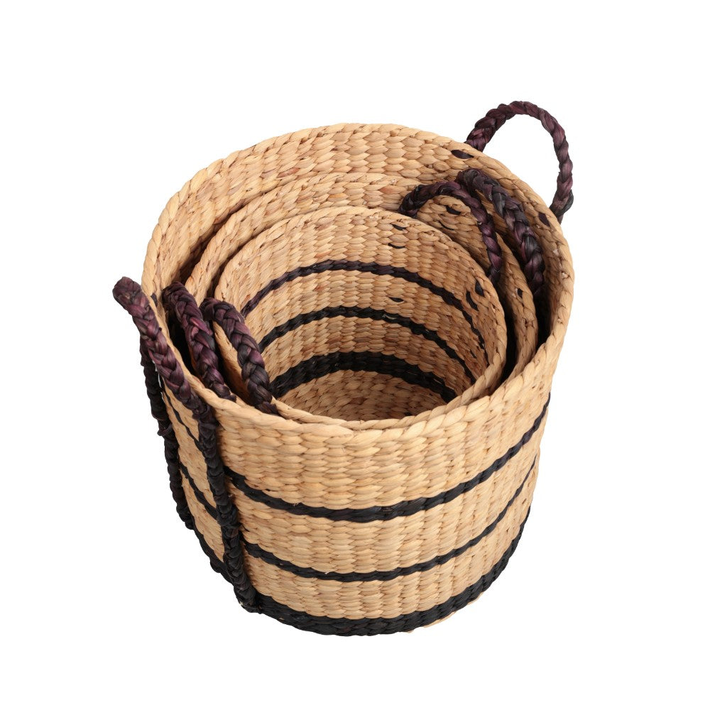 Nordleaf Rustic Cottage Stripe Handwoven Water Hyacinth Nesting Storage Baskets with Handles