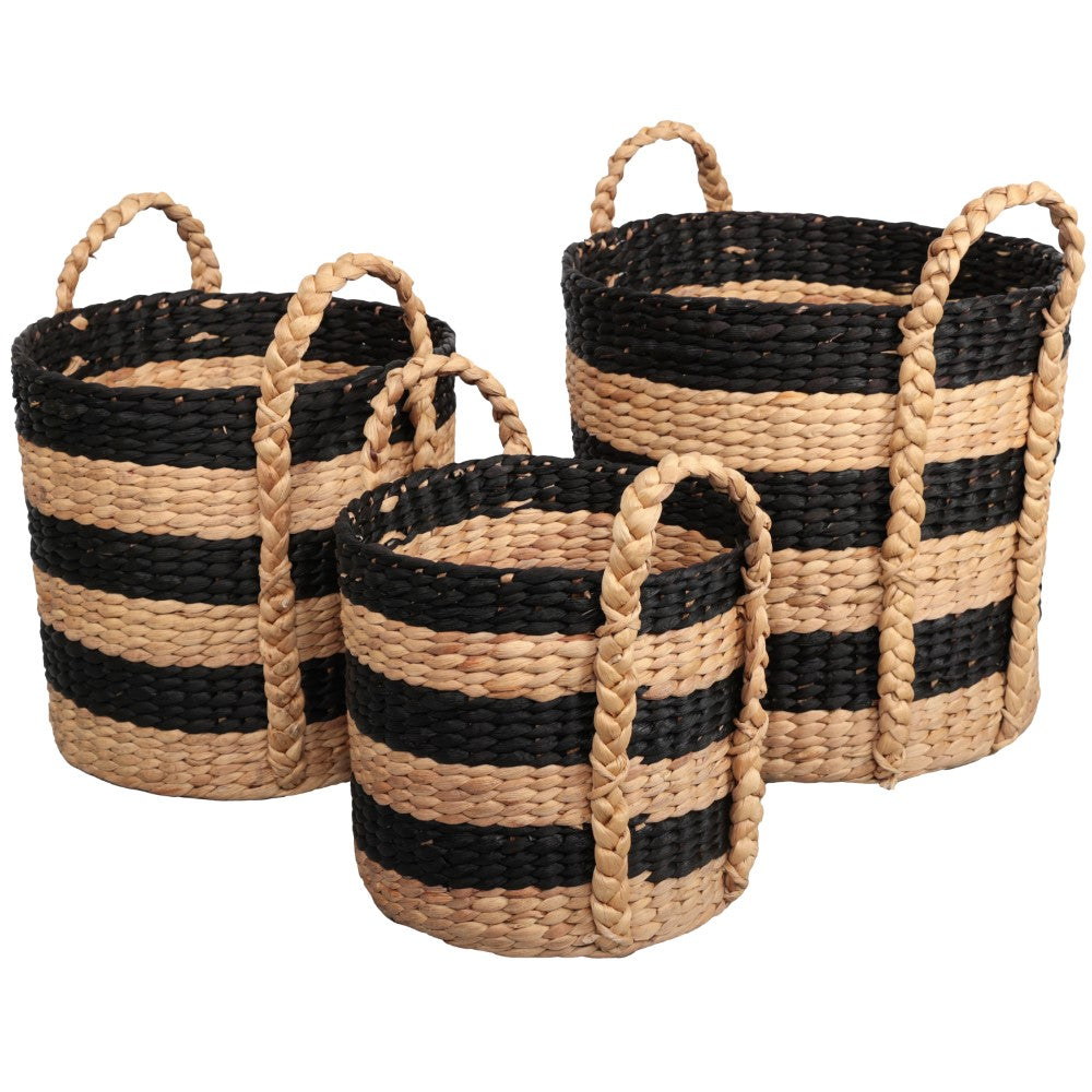 Nordleaf Rustic Cottage Stripe Handwoven Water Hyacinth Nesting Storage Baskets with Handles