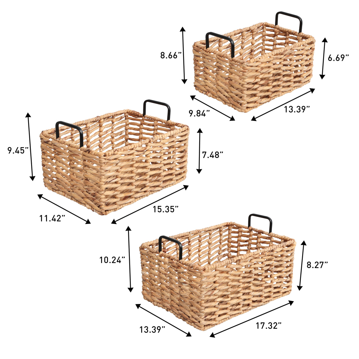 Flamora Coastal Farmhouse Handwoven Water Hyacinth Nesting Storage Baskets with Metal Handles