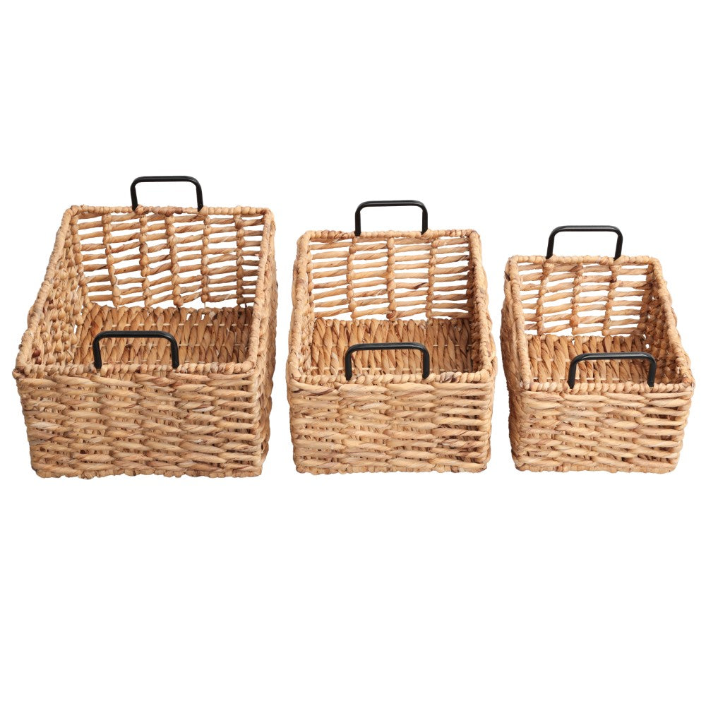 Flamora Coastal Farmhouse Handwoven Water Hyacinth Nesting Storage Baskets with Metal Handles