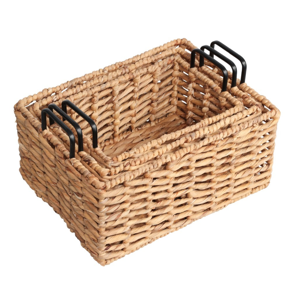 Flamora Coastal Farmhouse Handwoven Water Hyacinth Nesting Storage Baskets with Metal Handles