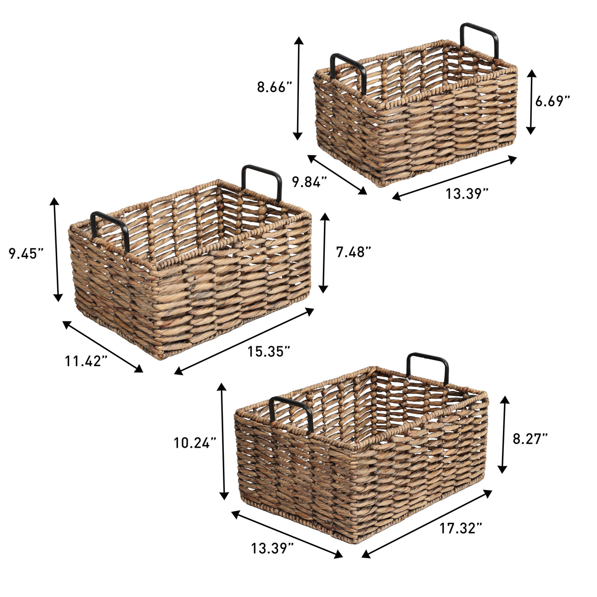 Flamora Coastal Farmhouse Handwoven Water Hyacinth Nesting Storage Baskets with Metal Handles