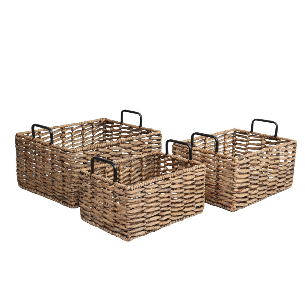 Flamora Coastal Farmhouse Handwoven Water Hyacinth Nesting Storage Baskets with Metal Handles