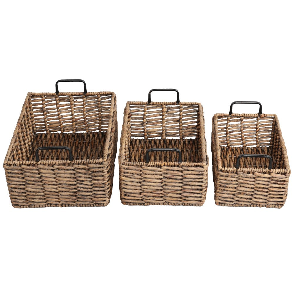 Flamora Coastal Farmhouse Handwoven Water Hyacinth Nesting Storage Baskets with Metal Handles