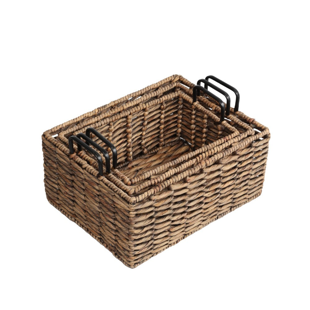Flamora Coastal Farmhouse Handwoven Water Hyacinth Nesting Storage Baskets with Metal Handles