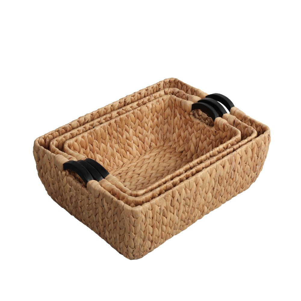 Warmora Bohemian Farmhouse Handwoven Water Hyacinth Nesting Storage Baskets with Wood Handles