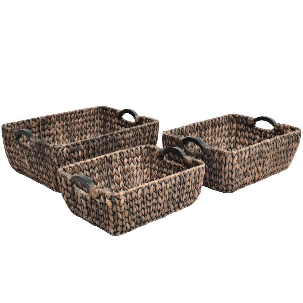Warmora Bohemian Farmhouse Handwoven Water Hyacinth Nesting Storage Baskets with Wood Handles