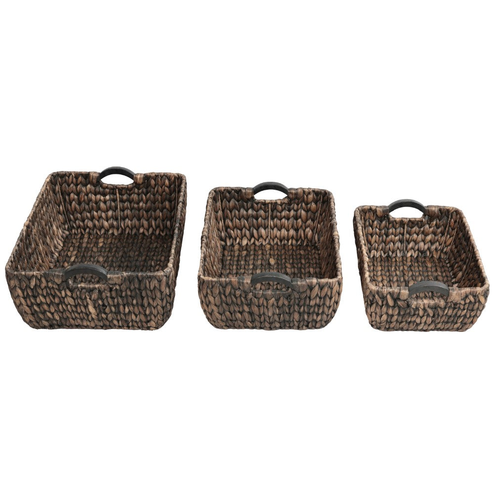 Warmora Bohemian Farmhouse Handwoven Water Hyacinth Nesting Storage Baskets with Wood Handles