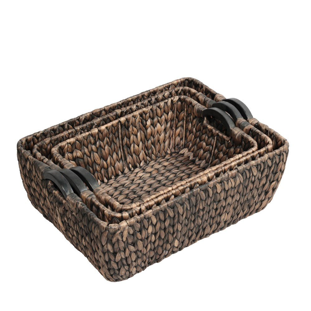 Warmora Bohemian Farmhouse Handwoven Water Hyacinth Nesting Storage Baskets with Wood Handles