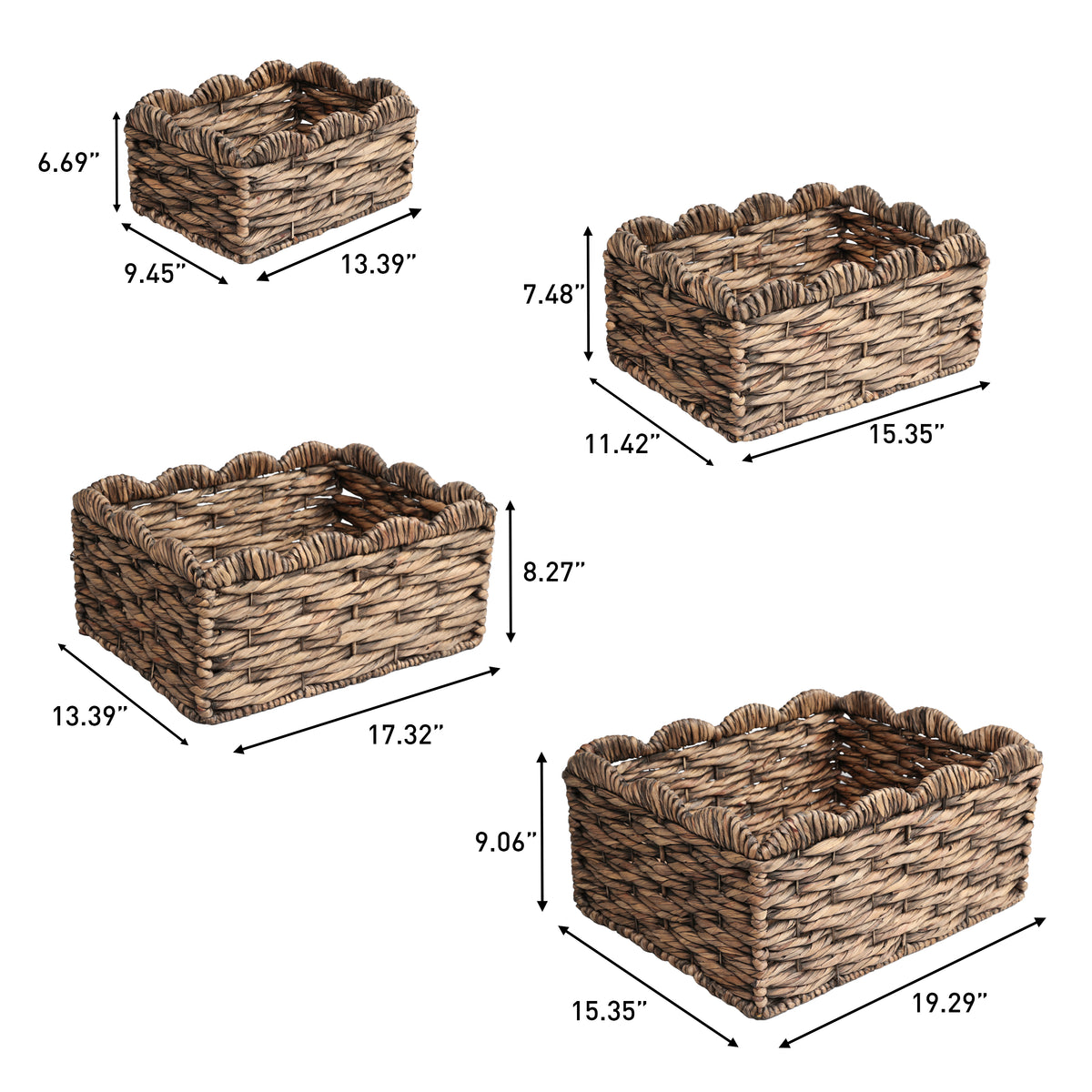 Ignisoul Rustic Cottage Handwoven Water Hyancinth Scalloped Edge Nesting Storage Baskets
