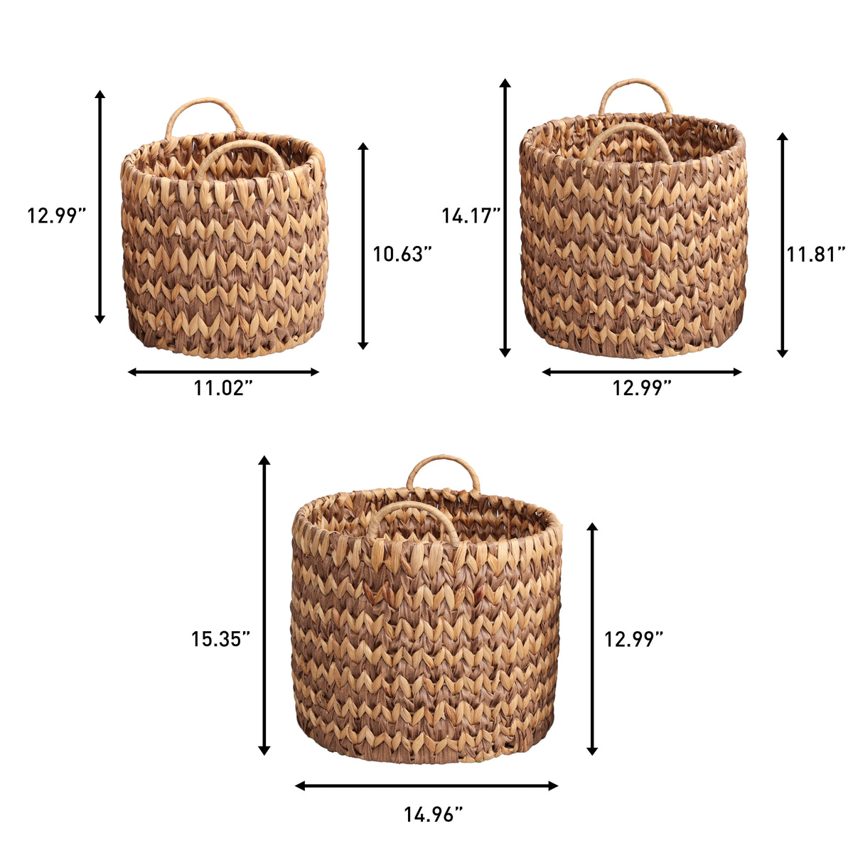 Vinear Coastal Farmhouse Handwoven Two-Tone Water Hyacinth Nesting Storage Baskets with Handles