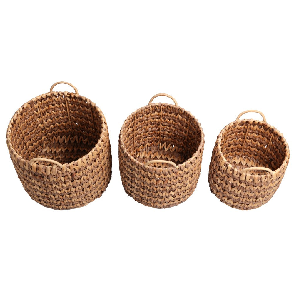 Vinear Coastal Farmhouse Handwoven Two-Tone Water Hyacinth Nesting Storage Baskets with Handles