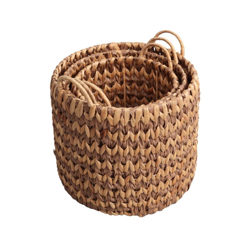 Vinear Coastal Farmhouse Handwoven Two-Tone Water Hyacinth Nesting Storage Baskets with Handles