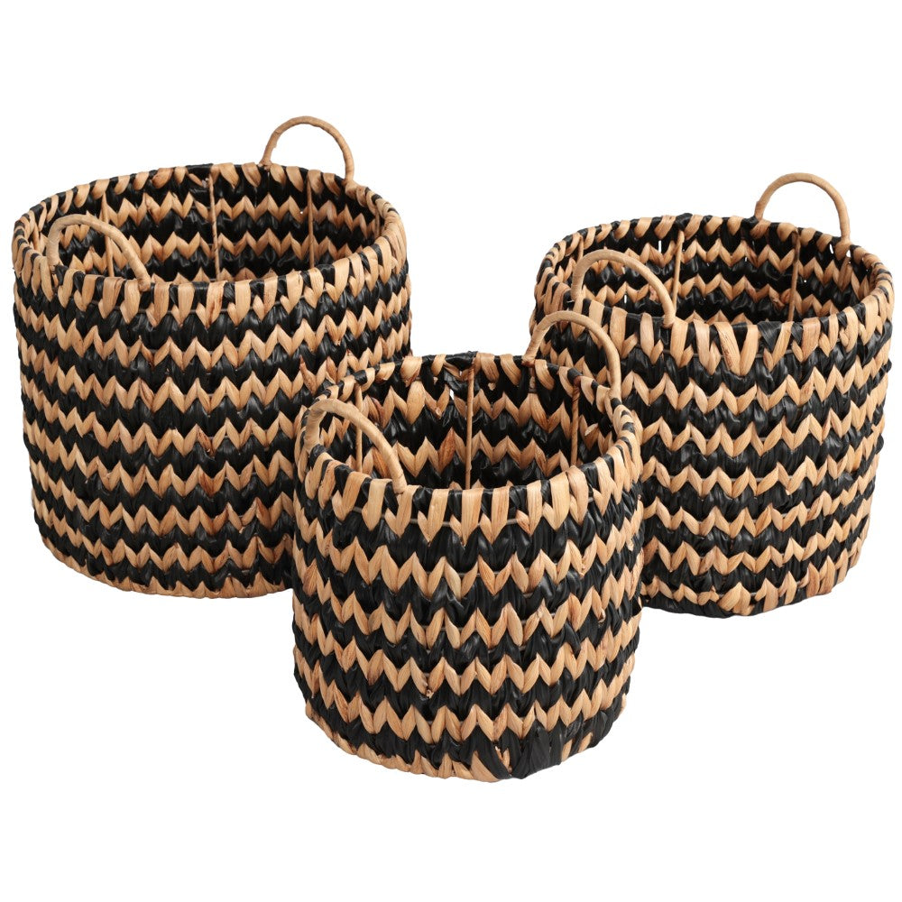 Vinear Coastal Farmhouse Handwoven Two-Tone Water Hyacinth Nesting Storage Baskets with Handles