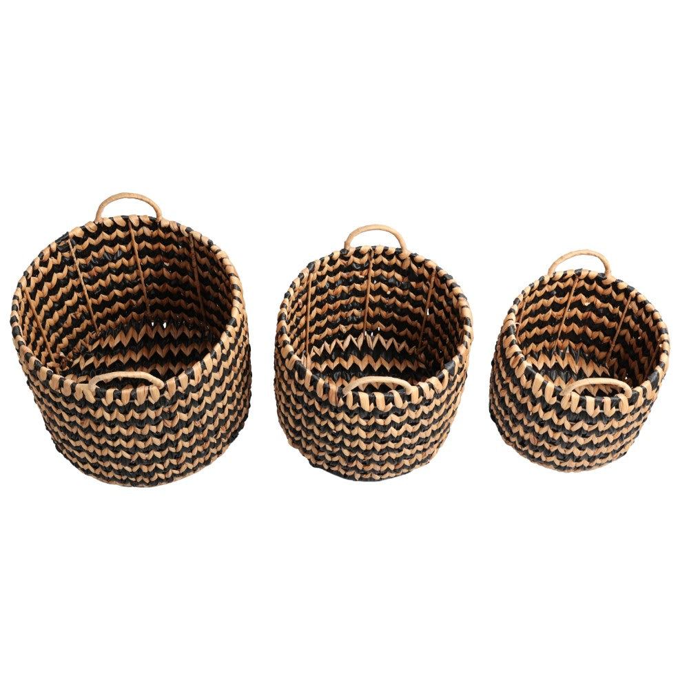 Vinear Coastal Farmhouse Handwoven Two-Tone Water Hyacinth Nesting Storage Baskets with Handles