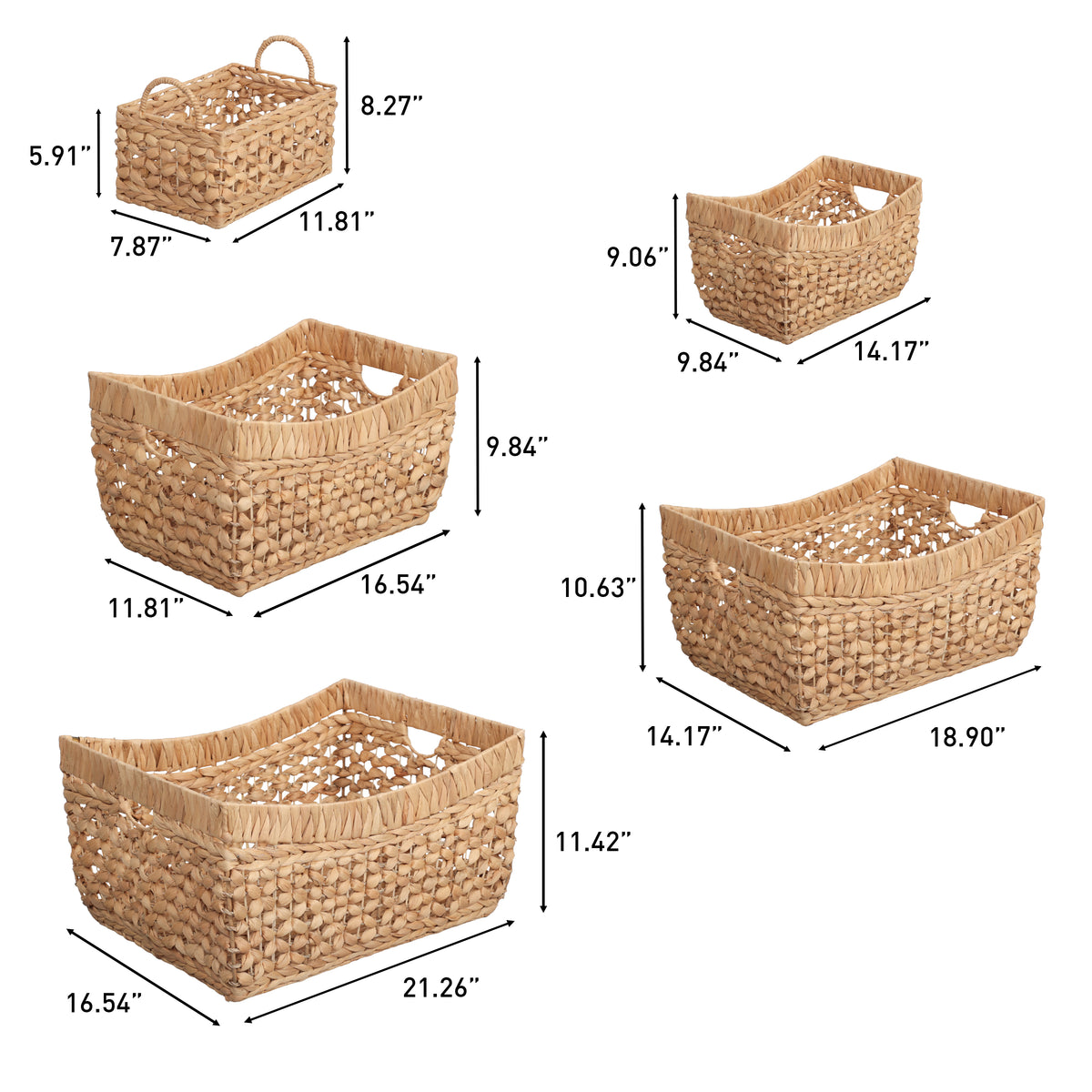 Airwyn Contemporary Bohemian Handwoven Water Hyacinth Nesting Storage Baskets with Handles