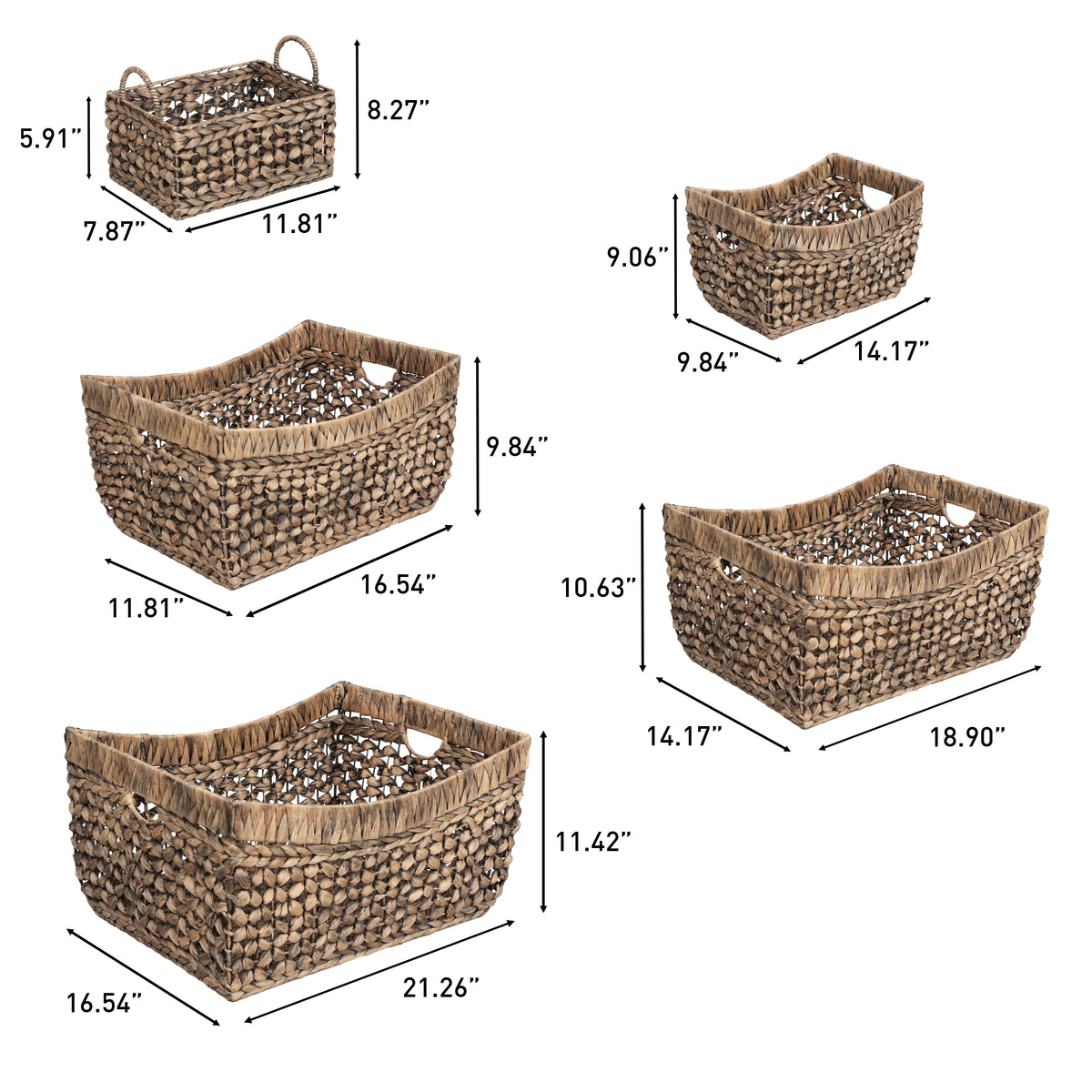 Airwyn Contemporary Bohemian Handwoven Water Hyacinth Nesting Storage Baskets with Handles