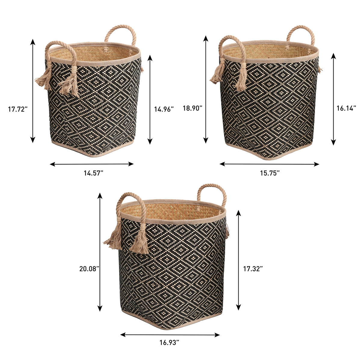 Rivo Rustic Coastal Handwoven Palm Leaf Nesting Storage Baskets with Rope Handles