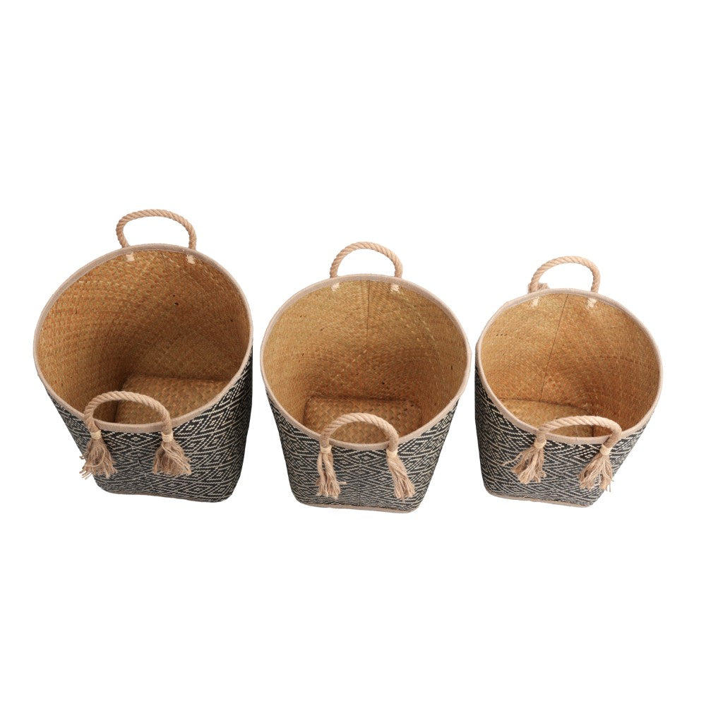 Rivo Rustic Coastal Handwoven Palm Leaf Nesting Storage Baskets with Rope Handles