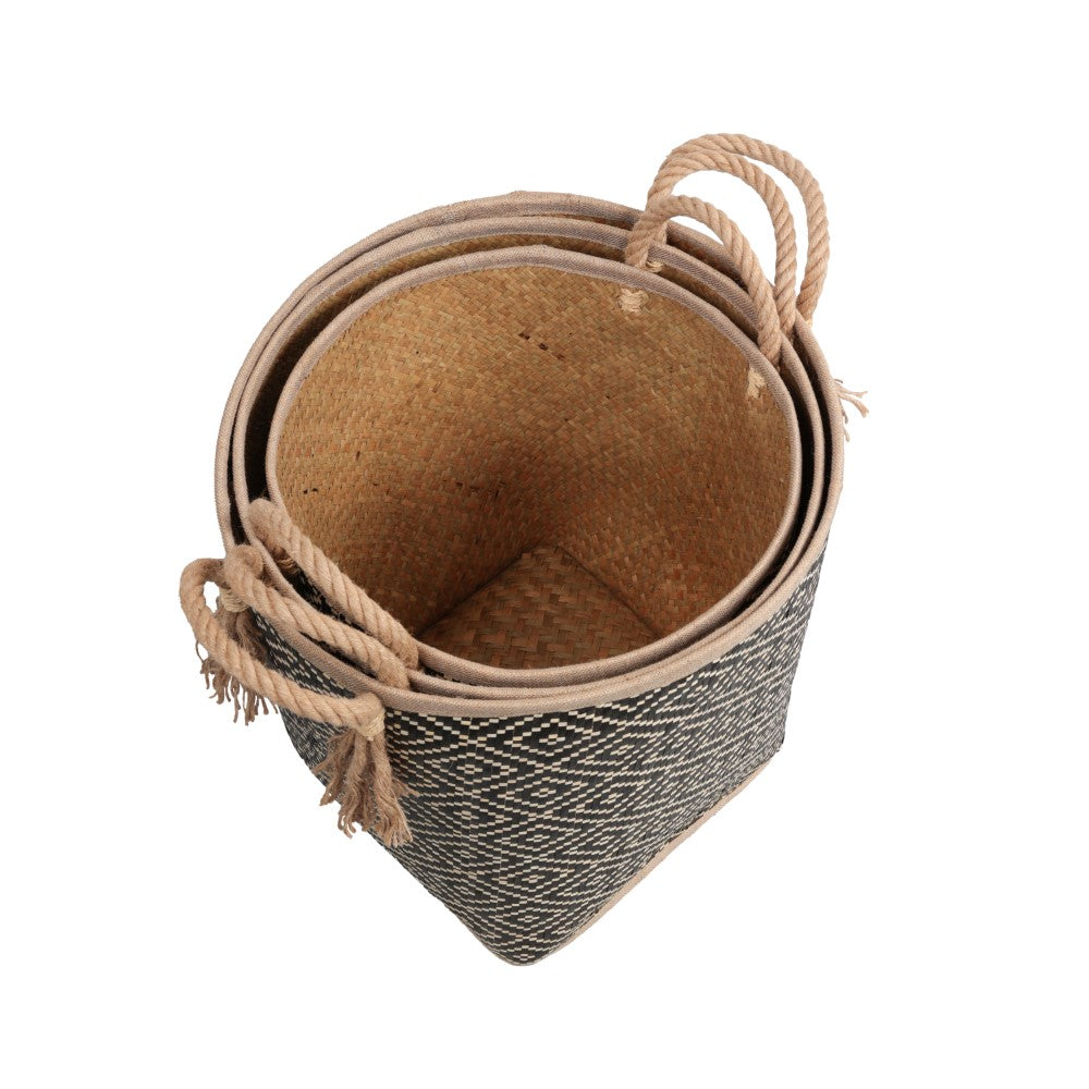 Rivo Rustic Coastal Handwoven Palm Leaf Nesting Storage Baskets with Rope Handles