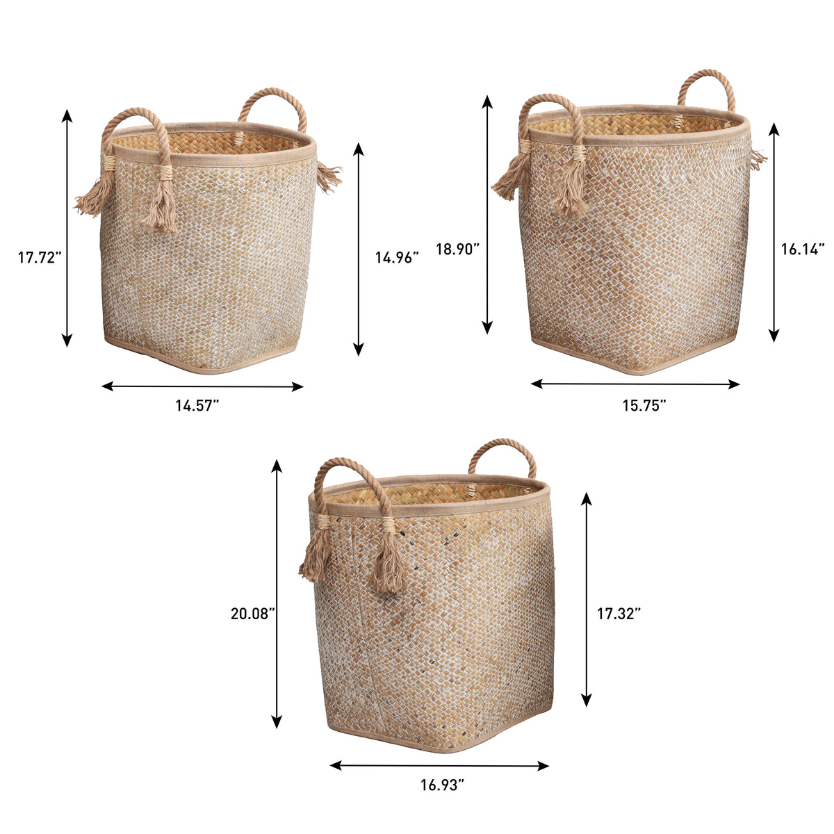 Rivo Rustic Coastal Handwoven Palm Leaf Nesting Storage Baskets with Rope Handles
