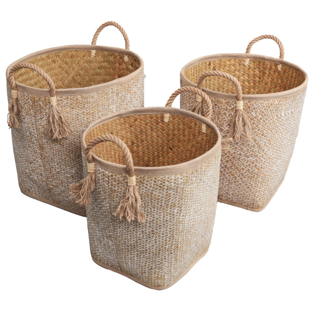 Rivo Rustic Coastal Handwoven Palm Leaf Nesting Storage Baskets with Rope Handles