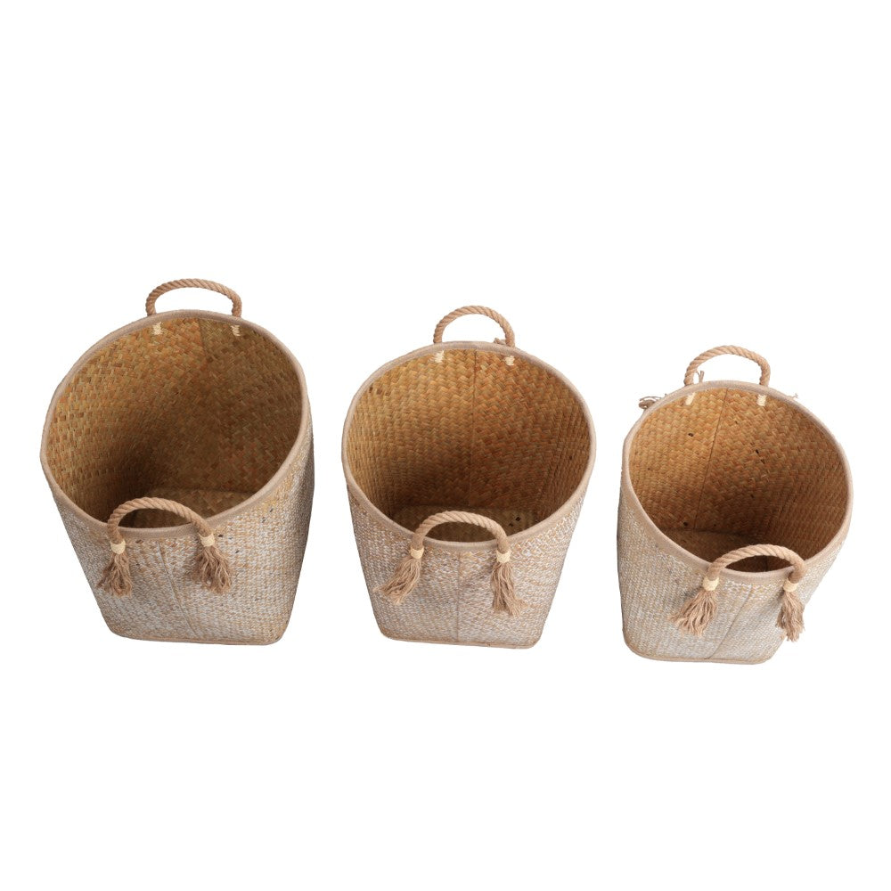 Rivo Rustic Coastal Handwoven Palm Leaf Nesting Storage Baskets with Rope Handles