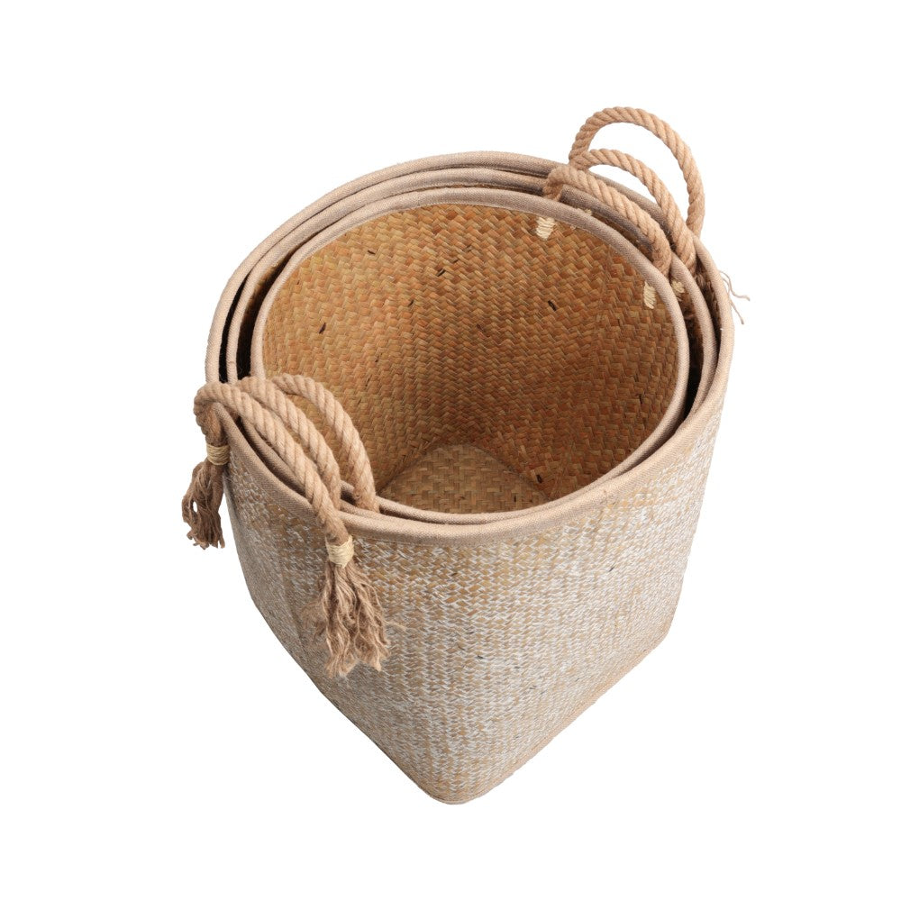 Rivo Rustic Coastal Handwoven Palm Leaf Nesting Storage Baskets with Rope Handles