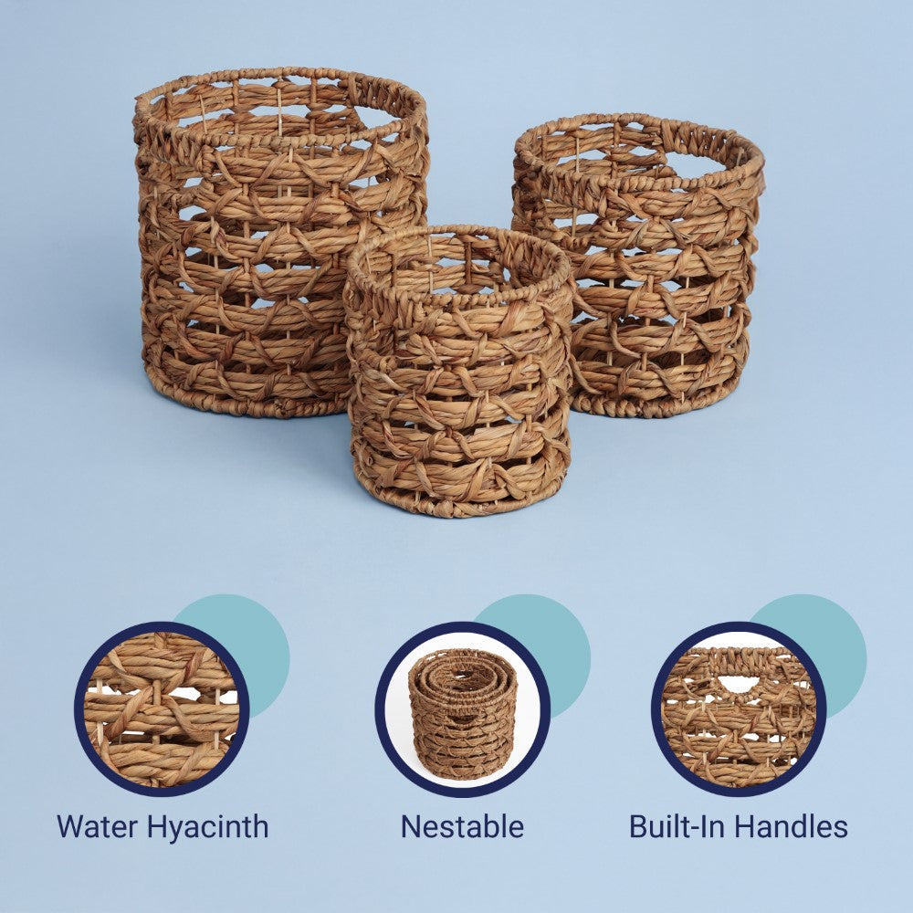 Hearth Bohemian Coastal Handwoven Water Hyacinth Rope Nesting Baskets with Handles