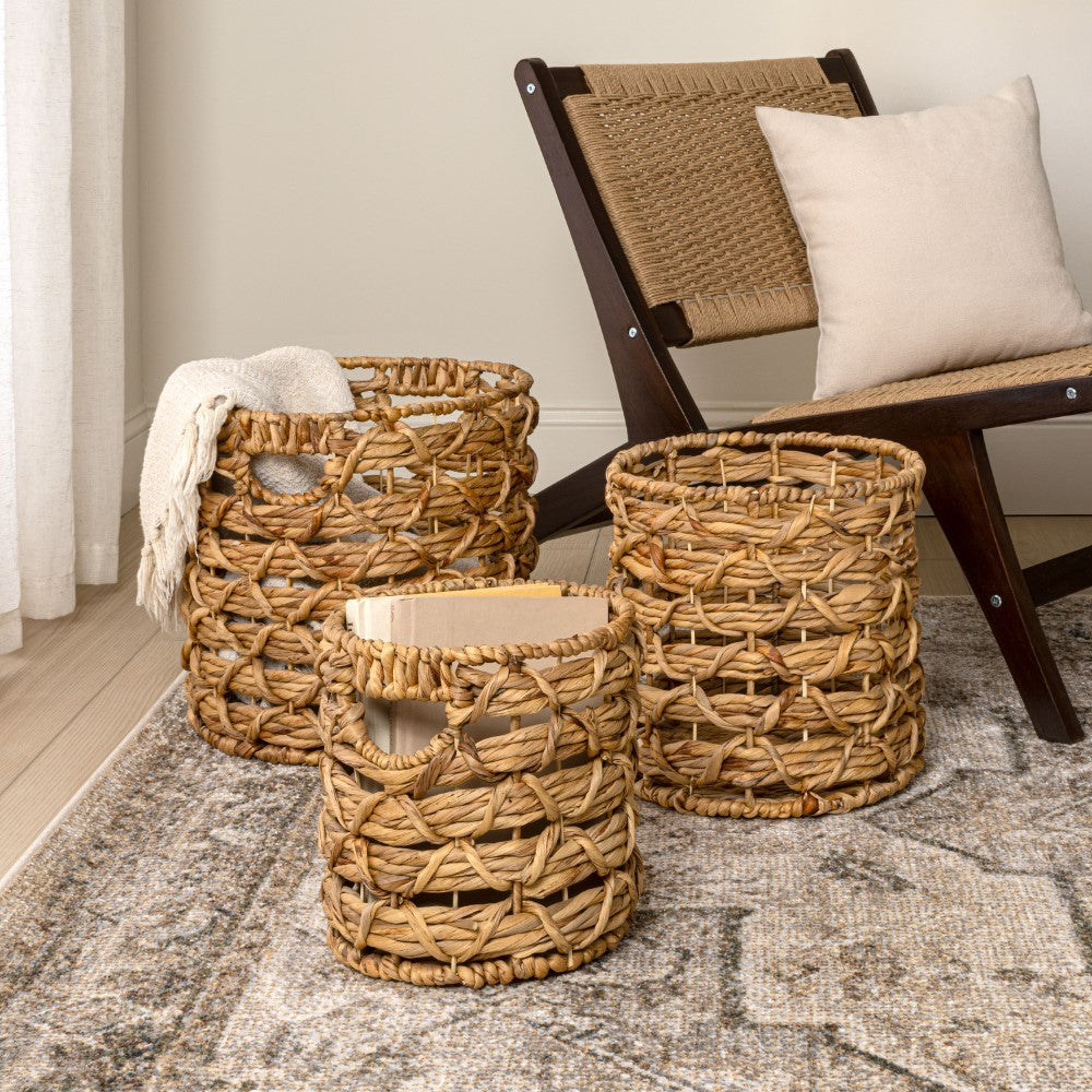 Hearth Bohemian Coastal Handwoven Water Hyacinth Rope Nesting Baskets with Handles