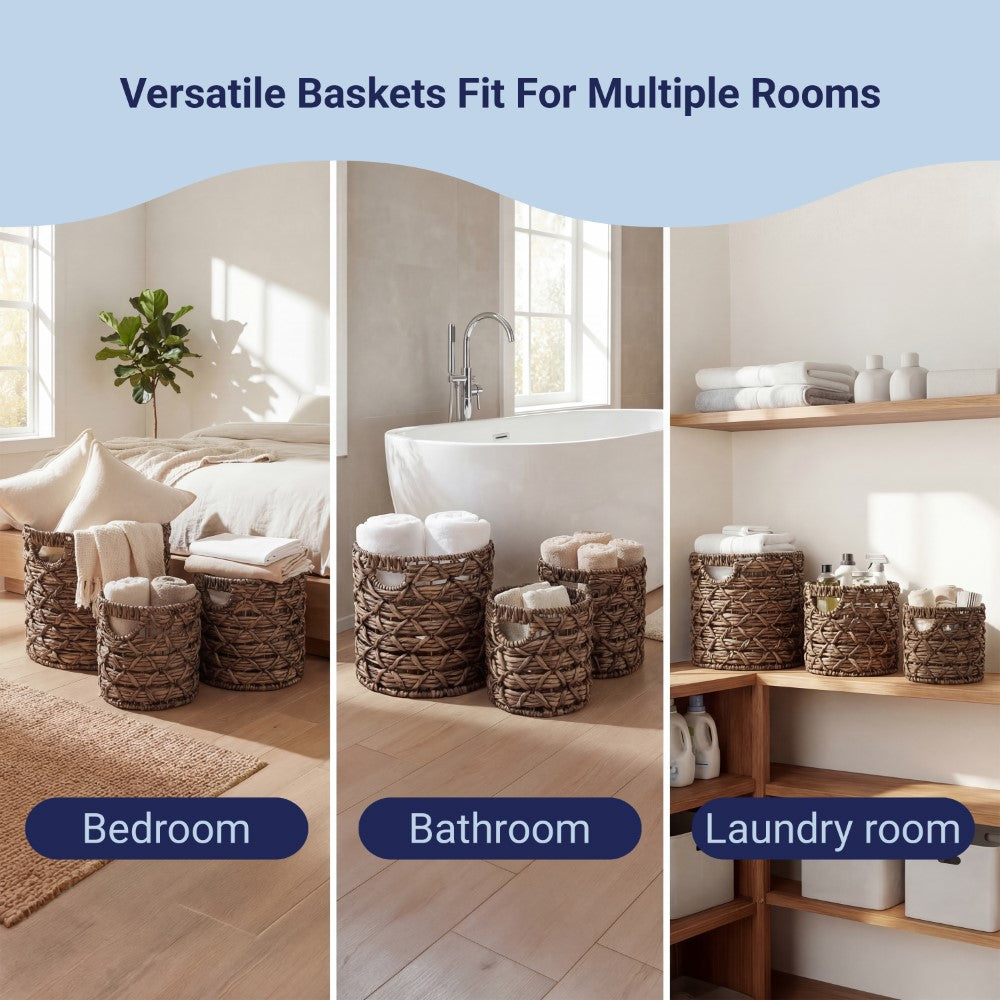 Hearth Bohemian Coastal Handwoven Water Hyacinth Rope Nesting Baskets with Handles