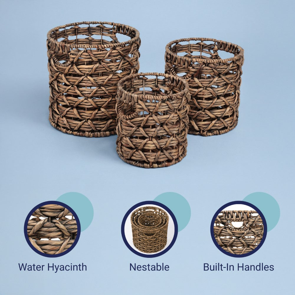 Hearth Bohemian Coastal Handwoven Water Hyacinth Rope Nesting Baskets with Handles