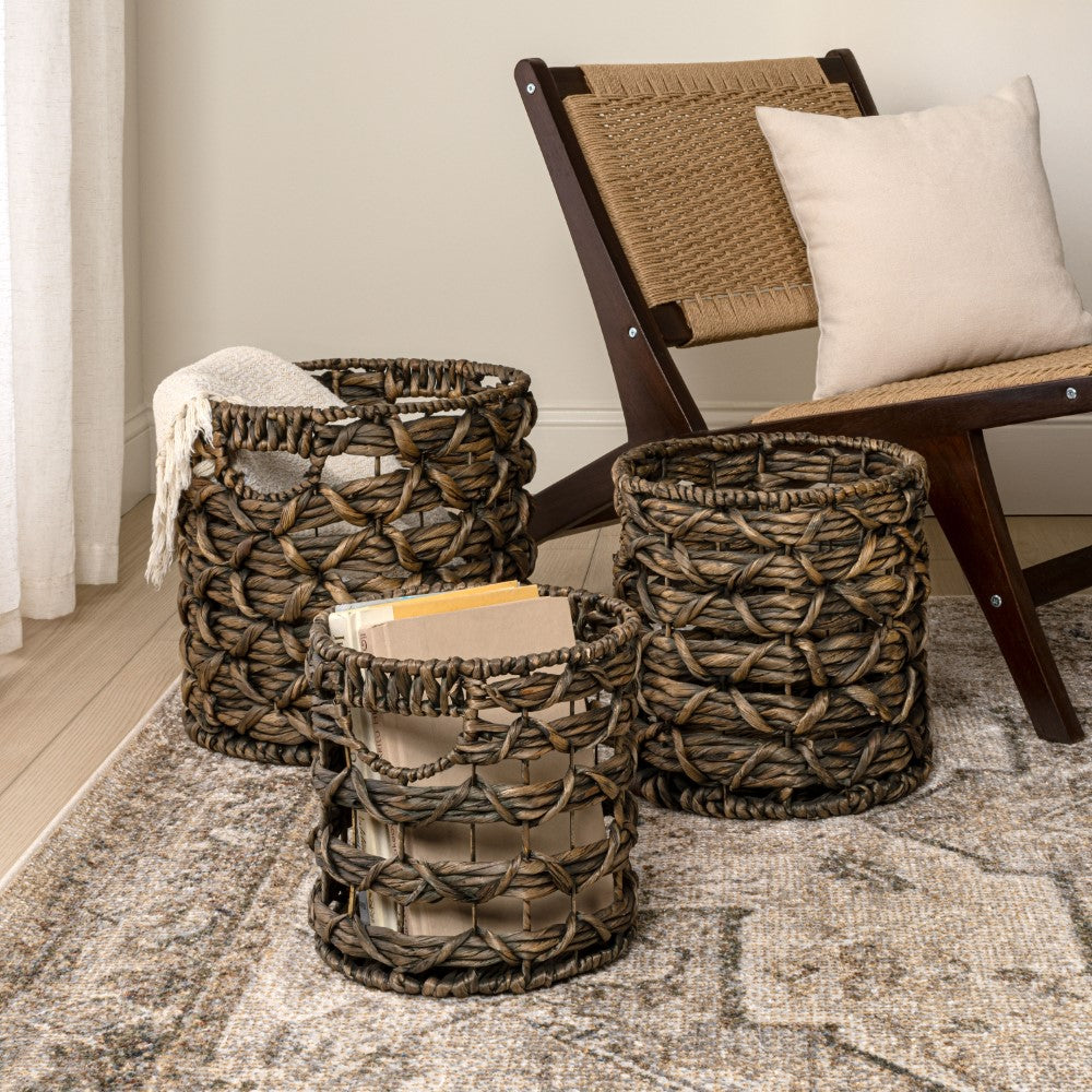 Hearth Bohemian Coastal Handwoven Water Hyacinth Rope Nesting Baskets with Handles