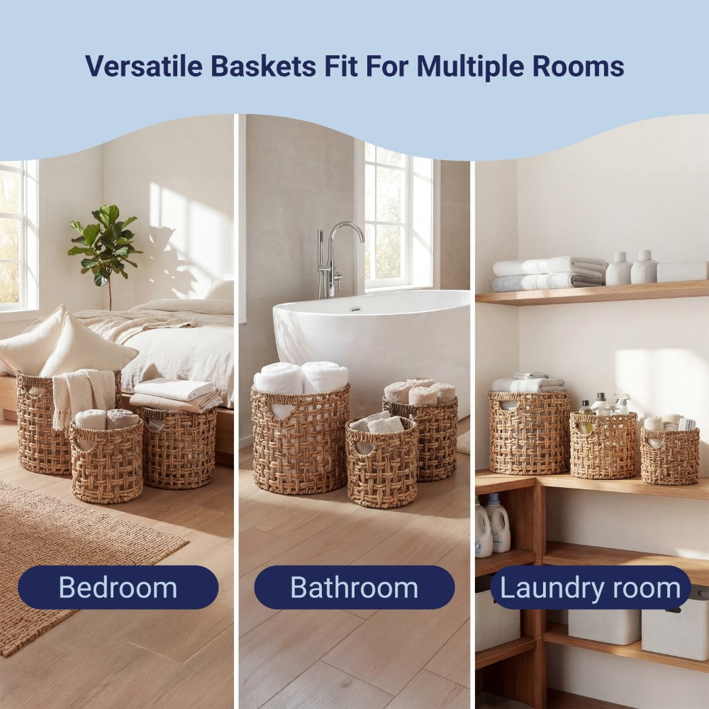 Ease Coastal Bohemian Water Hyacinth Handwoven Checker Weave Nesting Baskets with Handles
