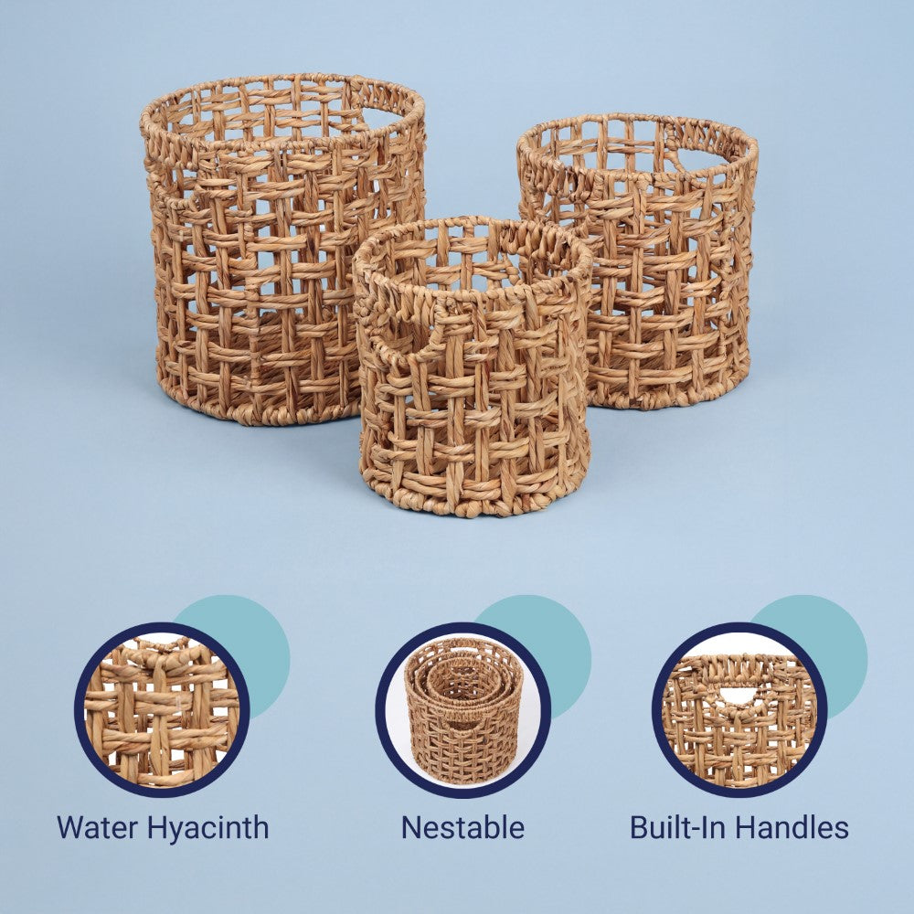 Ease Coastal Bohemian Water Hyacinth Handwoven Checker Weave Nesting Baskets with Handles