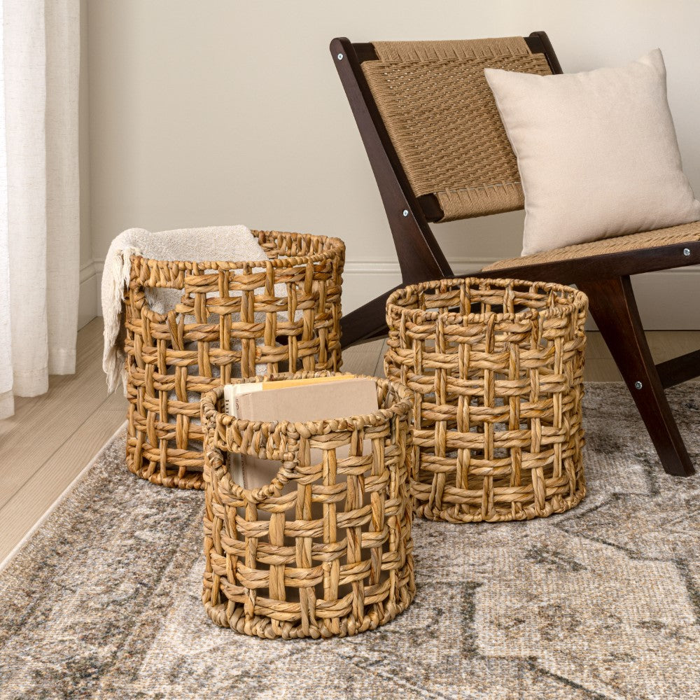Ease Coastal Bohemian Water Hyacinth Handwoven Checker Weave Nesting Baskets with Handles