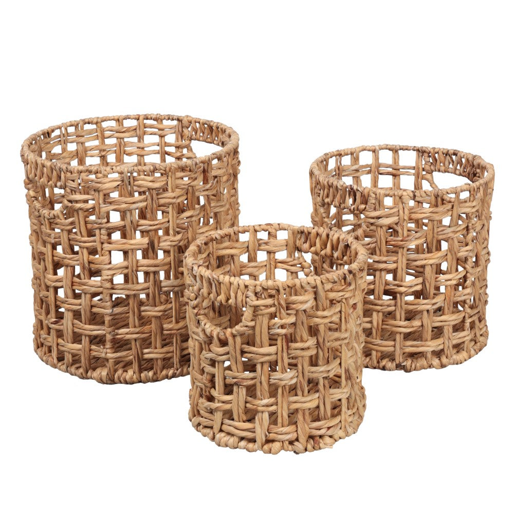 Ease Coastal Bohemian Water Hyacinth Handwoven Checker Weave Nesting Baskets with Handles