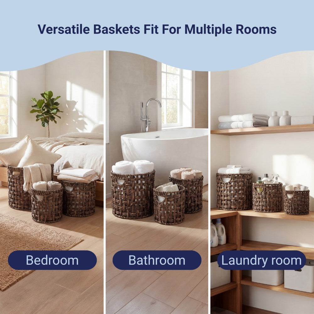 Ease Coastal Bohemian Water Hyacinth Handwoven Checker Weave Nesting Baskets with Handles