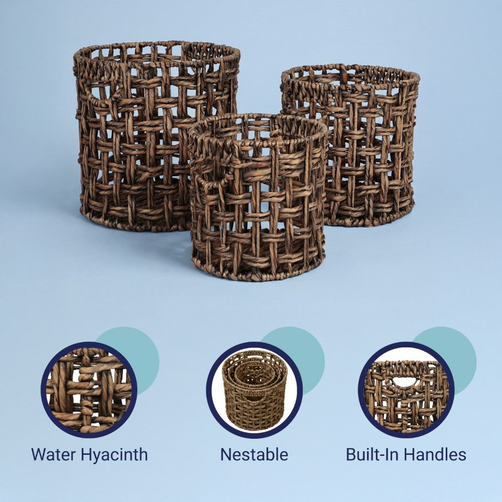 Ease Coastal Bohemian Water Hyacinth Handwoven Checker Weave Nesting Baskets with Handles