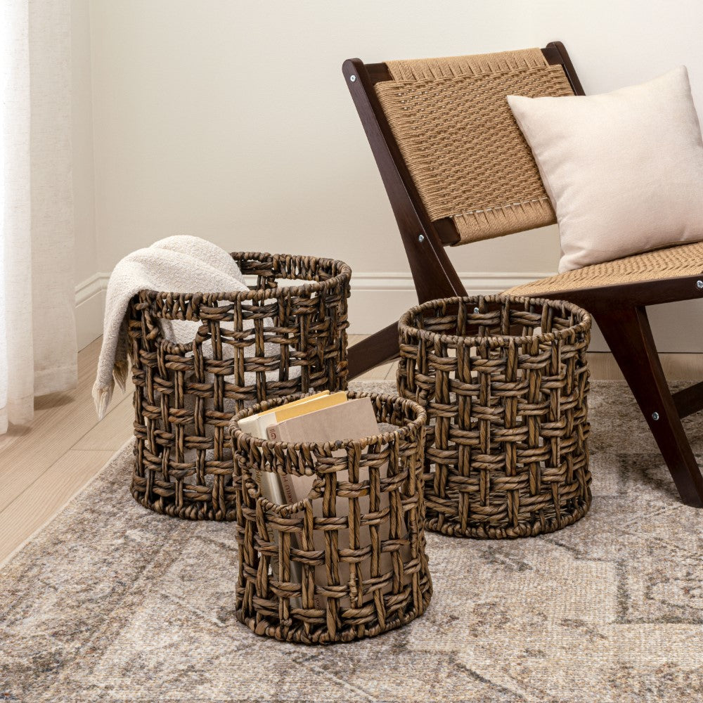 Ease Coastal Bohemian Water Hyacinth Handwoven Checker Weave Nesting Baskets with Handles