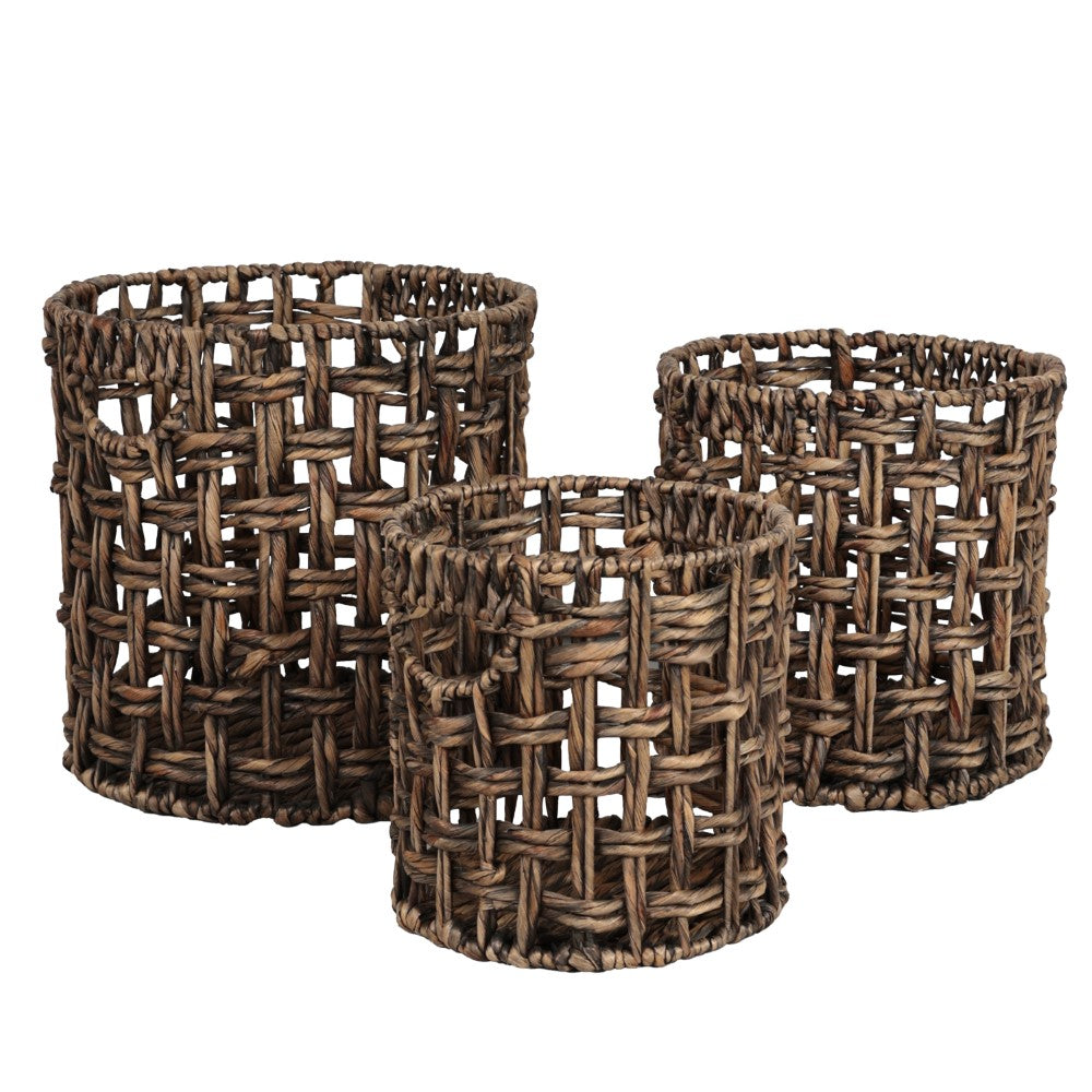 Ease Coastal Bohemian Water Hyacinth Handwoven Checker Weave Nesting Baskets with Handles