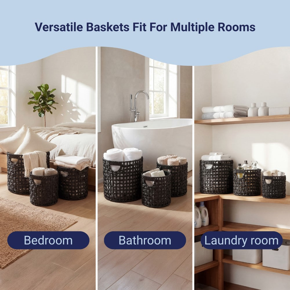 Ease Coastal Bohemian Water Hyacinth Handwoven Checker Weave Nesting Baskets with Handles