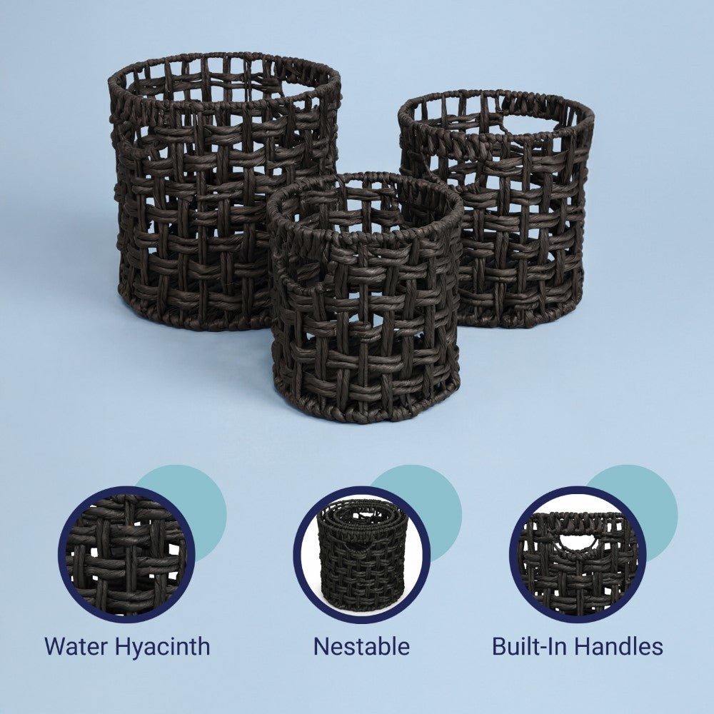 Ease Coastal Bohemian Water Hyacinth Handwoven Checker Weave Nesting Baskets with Handles