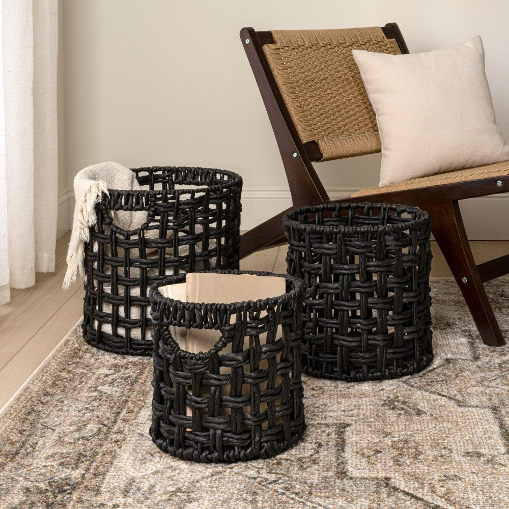 Ease Coastal Bohemian Water Hyacinth Handwoven Checker Weave Nesting Baskets with Handles