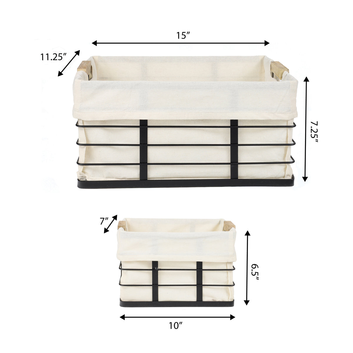 Callan Vintage Industrial Handmade Wire Metal Nesting Storage Baskets with Wood Handles and Fabric Liner